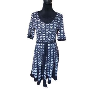 Roz & Ali Women's L Black White & Gray Geometric Pattern Fit & Flare Midi Dress